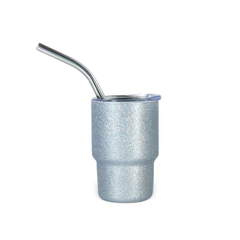 Locustsub China warehouse RTS 3oz Sublimation White Glitter Shot Glass Tumbler with metal straw