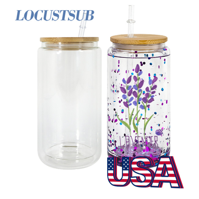 Locustsub 16oz/25oz Sublimation Double Wall Snow Globe Glass Can with Bamboo Lids and Plastic Straw,25pcs a case