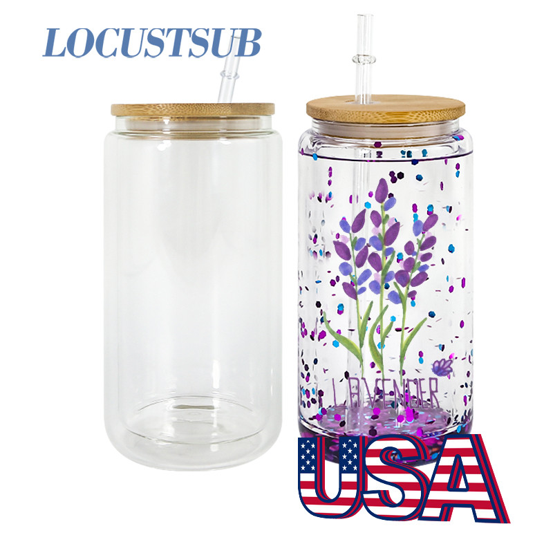 Locustsub Pre Sale 16oz/25oz Sublimation Double Wall Snow Globe Glass Can with Bamboo Lids and Plastic Straw,25pcs a case