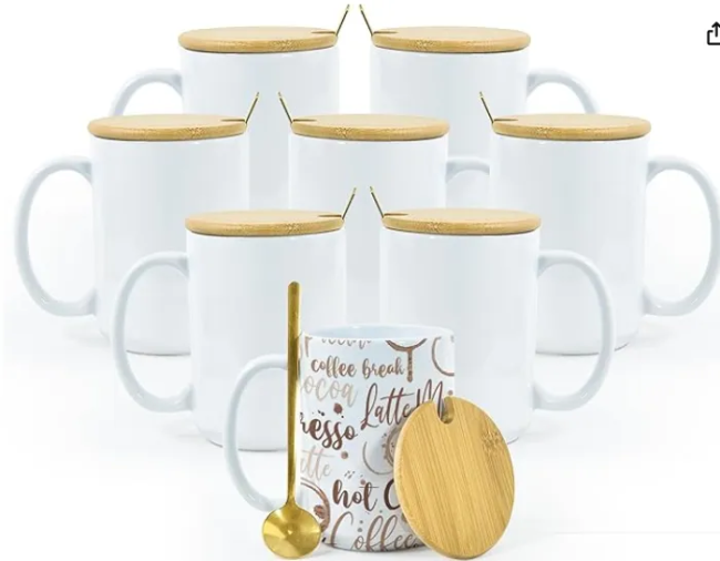 Sichuan Locust RTS US Warehouse 15oz sublimation ceramic coffee mug with bamboo lids+stainless steel spoon,8pcs/case