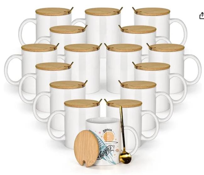 Sichuan Locust US Warehouse 11oz sublimation ceramic coffee mug with bamboo lids+stainless steel spoon,16pcs/case