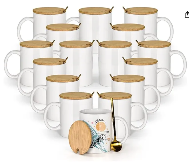 Sichuan Locust US Warehouse 11oz sublimation ceramic coffee mug with bamboo lids+stainless steel spoon,16pcs/case
