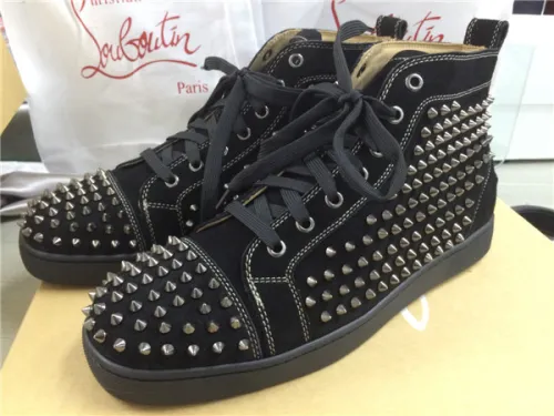 Super Max Perfect Christian Louboutin Black Suede Louis Spikes Men's Flat Sneaker With Glossy Red Sole(with receipt)