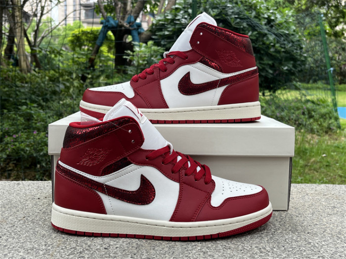 Authentic Air Jordan 1 Mid SE Red Cracked Leather Women
