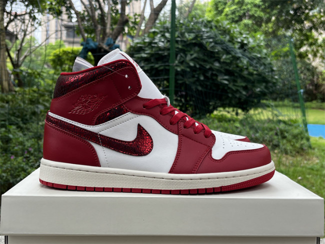 Authentic Air Jordan 1 Mid SE Red Cracked Leather Women
