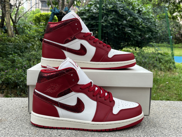 Authentic Air Jordan 1 Mid SE Red Cracked Leather Women