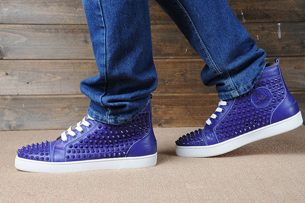 Super Max Perfect Christian Louboutin Louis Spikes Mens Flat blue leather(with receipt)