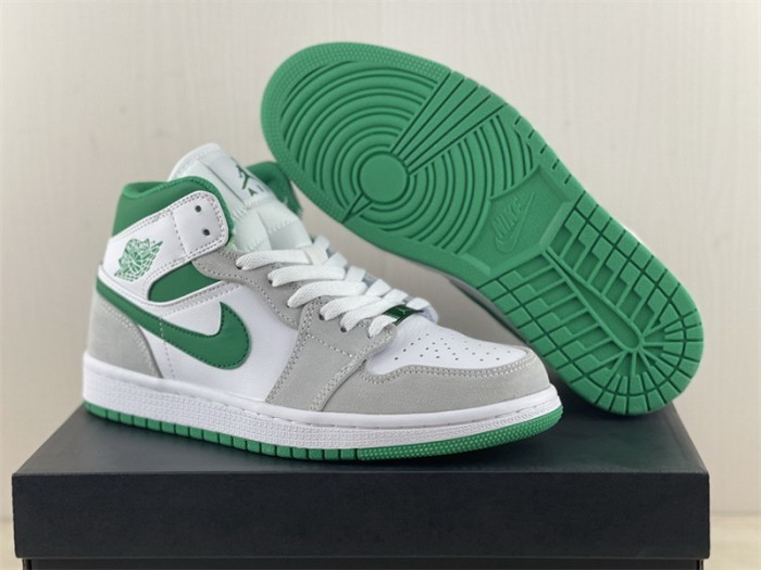 Authentic Air Jordan 1 Mid White Grey Green GS