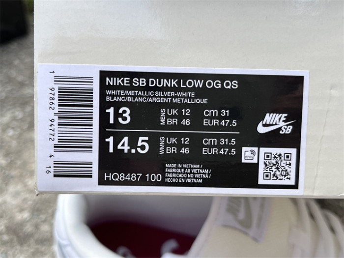 Authentic Nike SB Dunk Low Supreme 94 White Metallic Silver