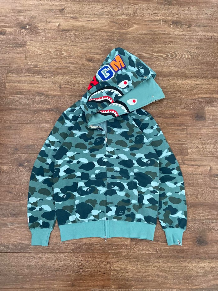 1:1 quality version Bape double hoody shark hoodie laker blue