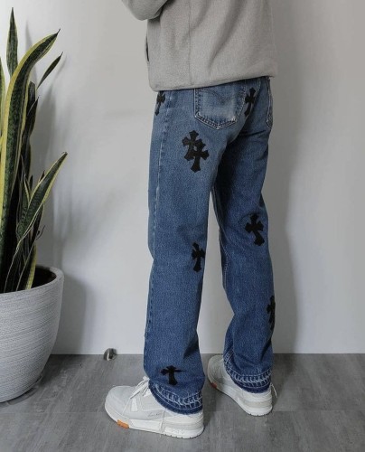 1:1 quality black leather logo blue jeans-