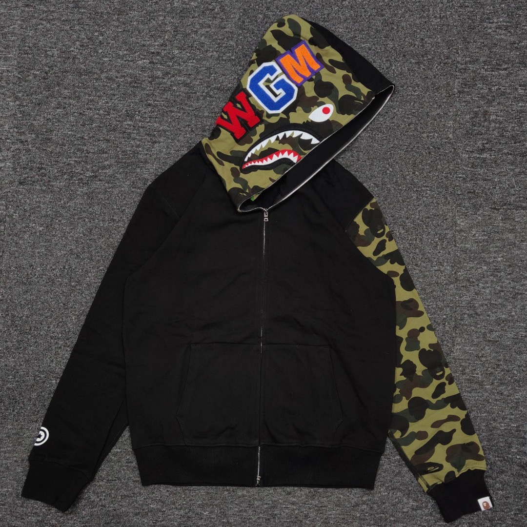 1:1 quality bape green camo head & sleeve shark full zip-up hoodie