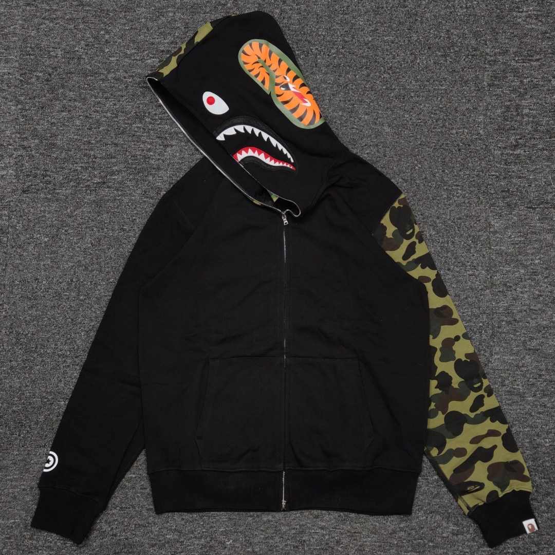 1:1 quality bape green camo head & sleeve shark full zip-up hoodie