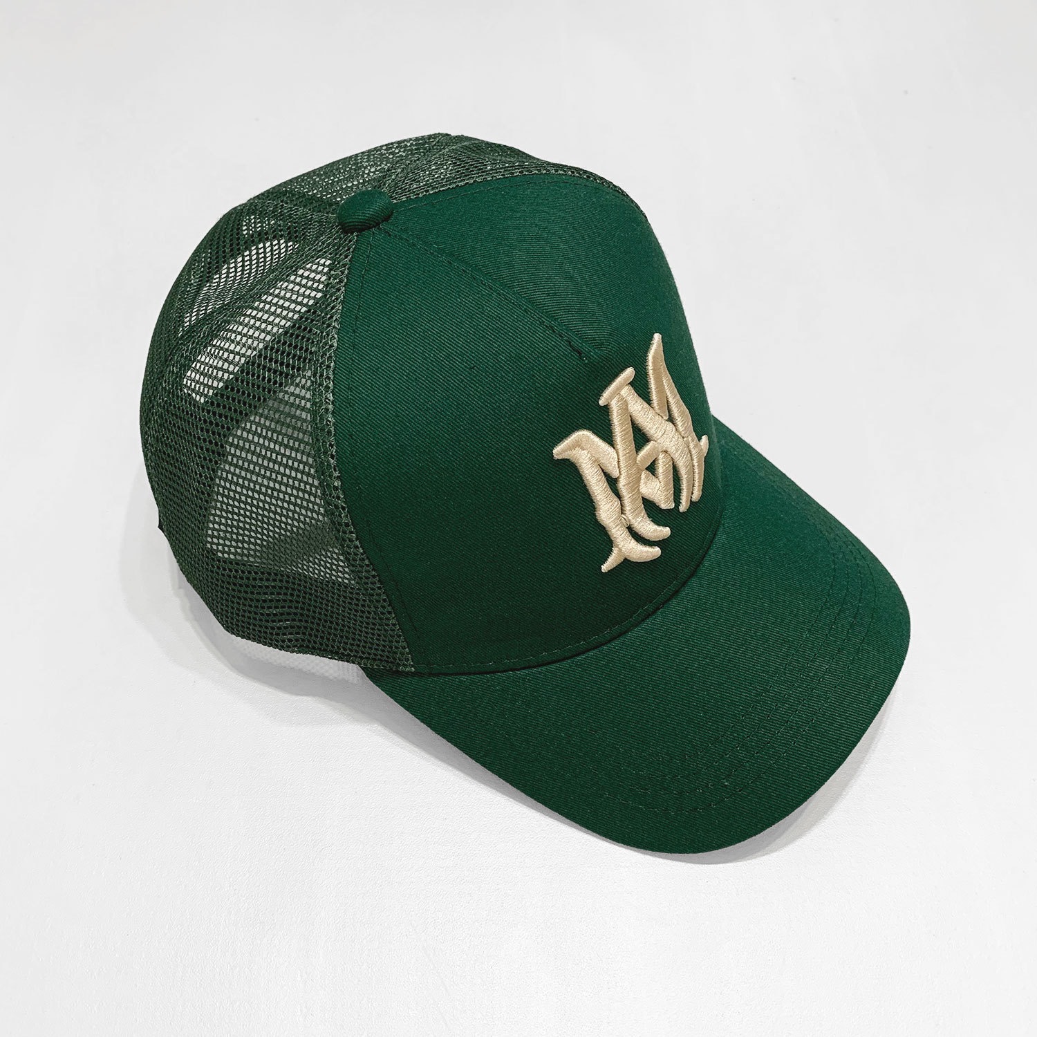 am embroidered lettered mesh hat-