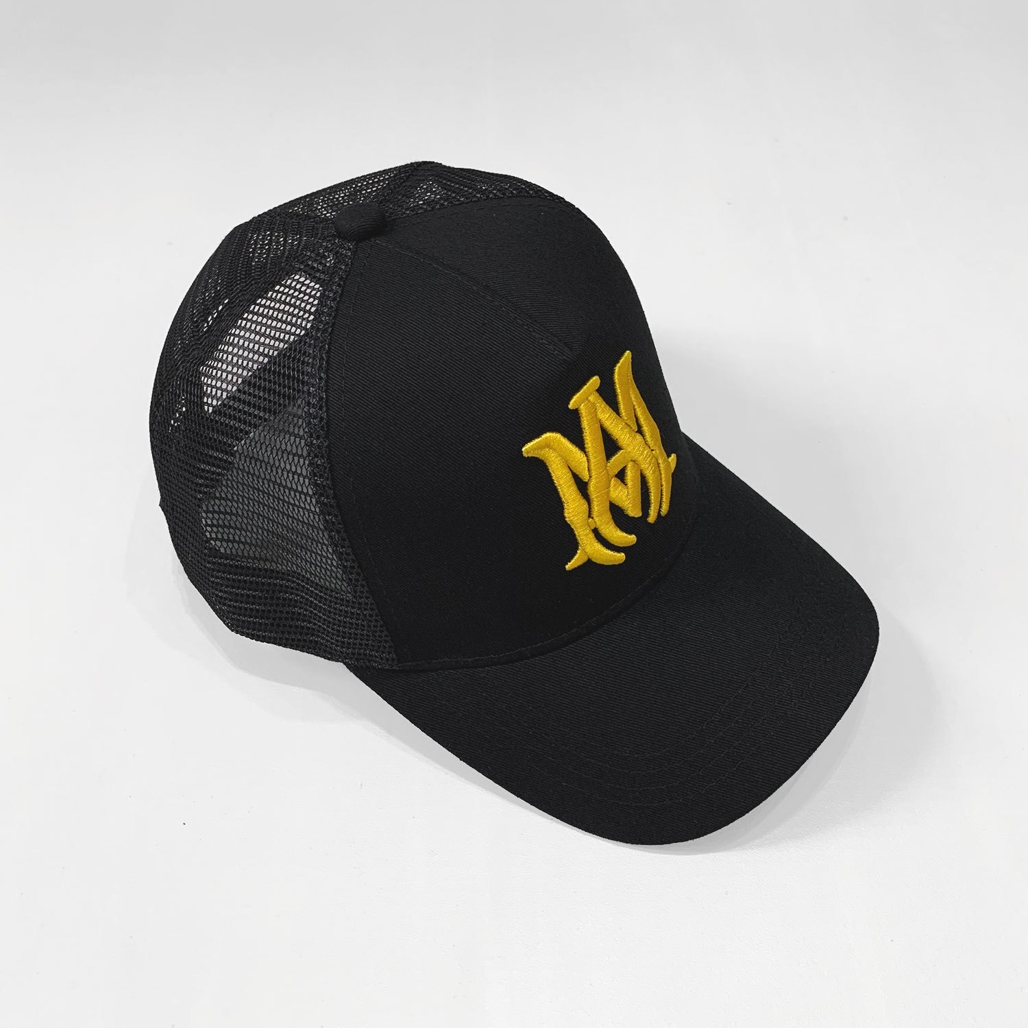 am embroidered lettered mesh hat-