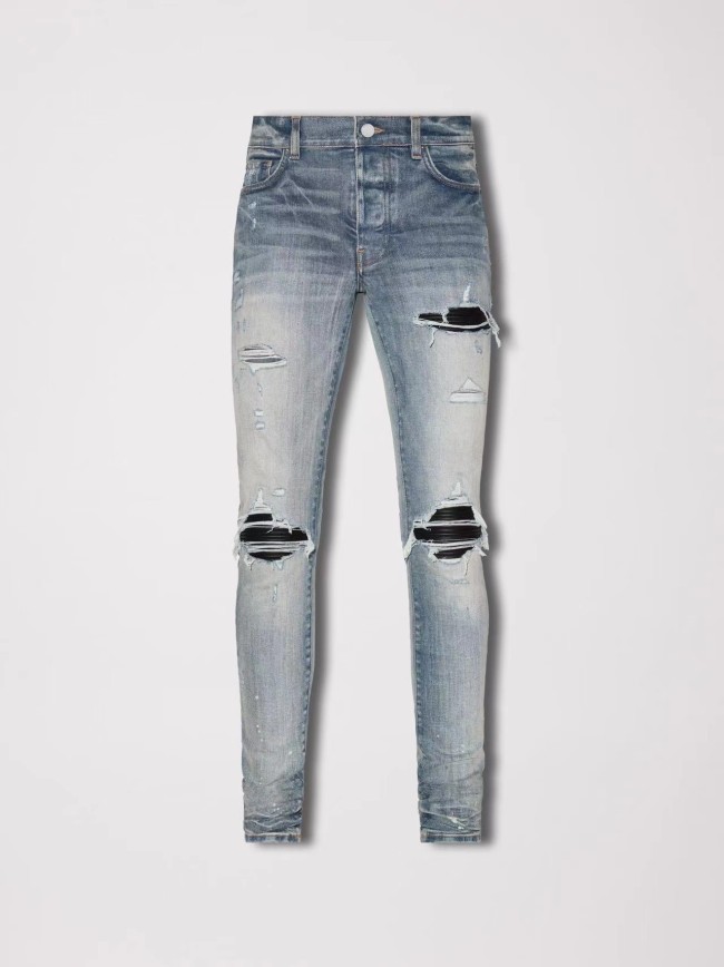 1:1 quality version  Black leather patch light blue jeans