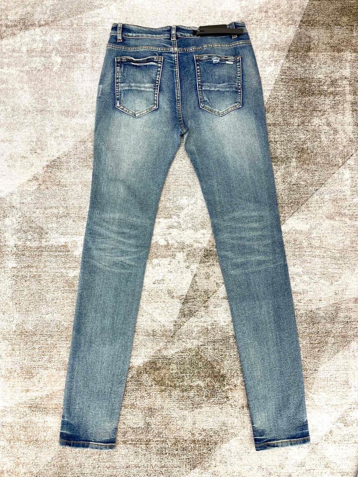 1:1 quality version  Black leather patch light blue jeans