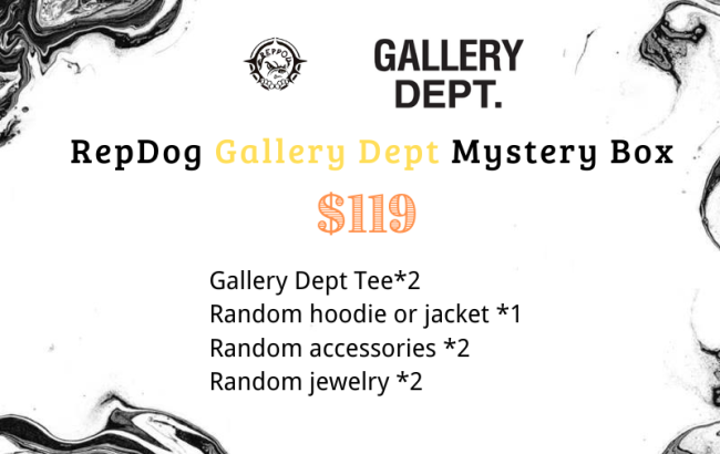 Repdog G@llery D*pt Mystery Box include G@llery De*t Tee *2 + random hoodie or jacket *1+ random accessories *2 + random jewelry*2-