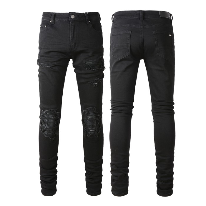 Black leather patch slim jeans