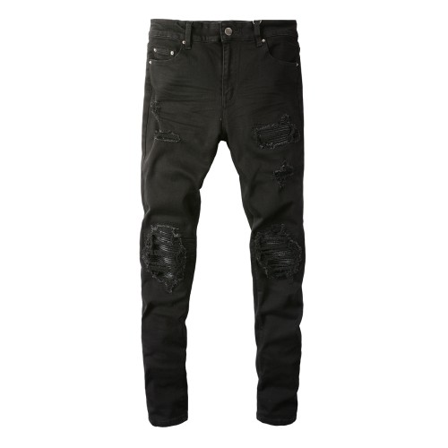 Black leather patch slim jeans