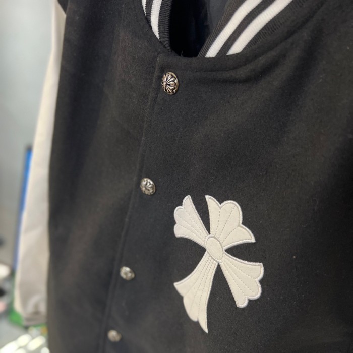 [buy more save more]Embroidered leather cross baseball jacket