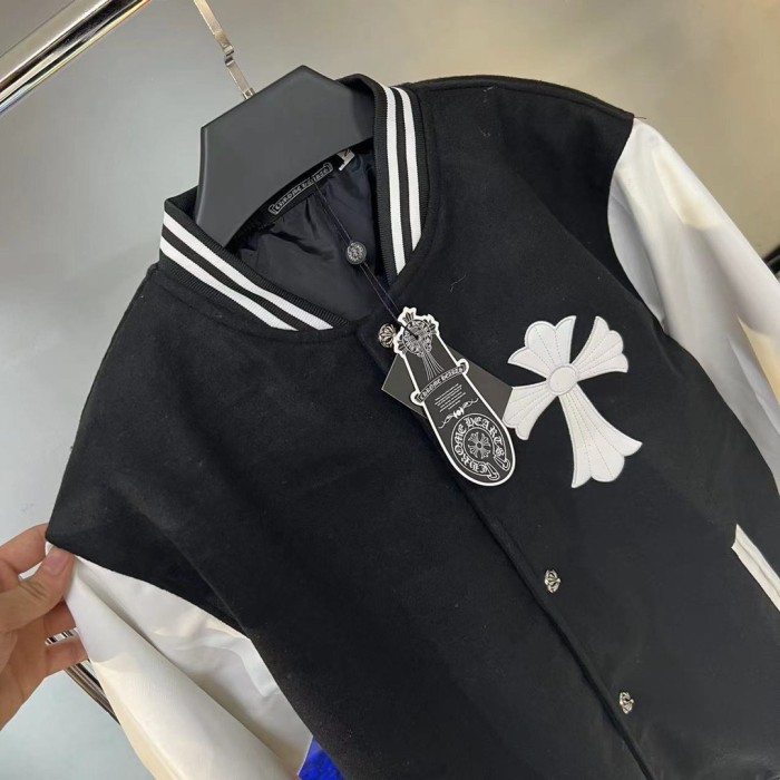 [buy more save more]Embroidered leather cross baseball jacket