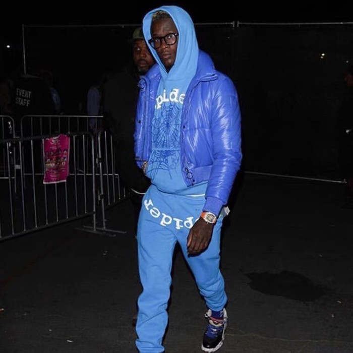 Young Thug Sp5der-White foamed letter blue hoodie