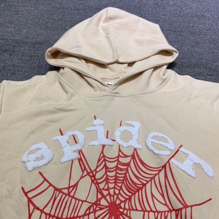 Young Thug Sp5der- White letters red cobweb beige hoodie