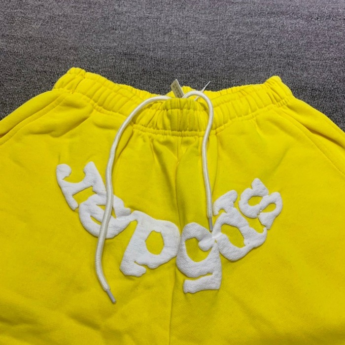 Young Thug Sp5der Yellow pants with white letters