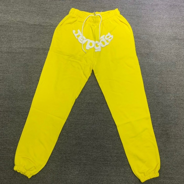 Young Thug Sp5der Yellow pants with white letters