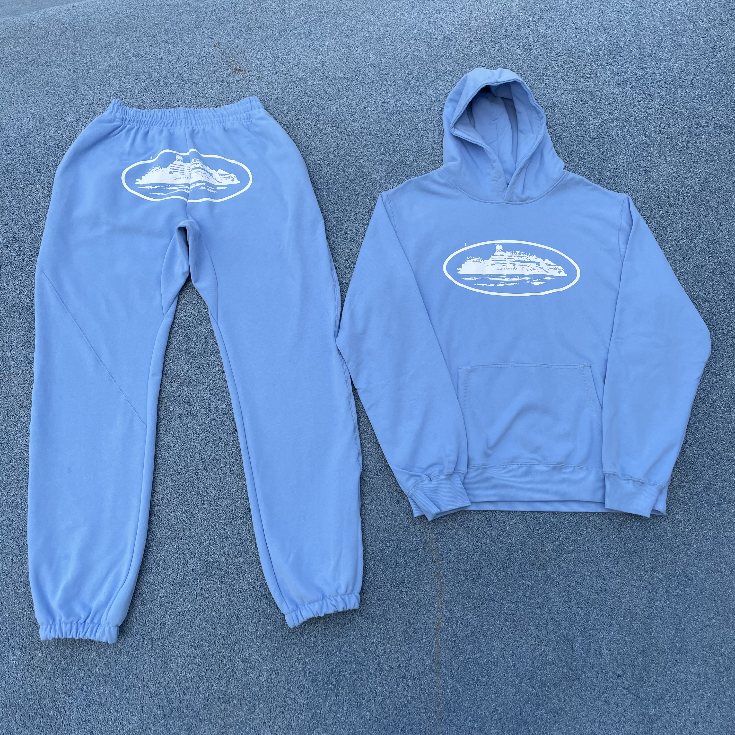 1:1 quality version corteiz logo hoodie & pants light blue