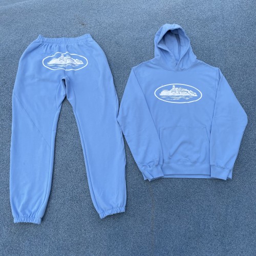 1:1 quality version Corteiz logo hoodie & pants light blue
