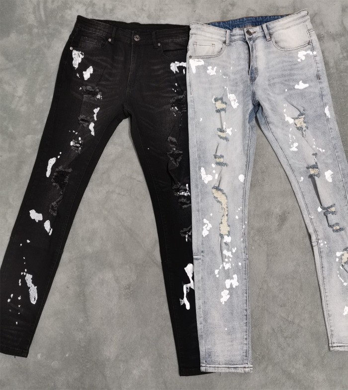 Destroy style paint ink dot slim jeans