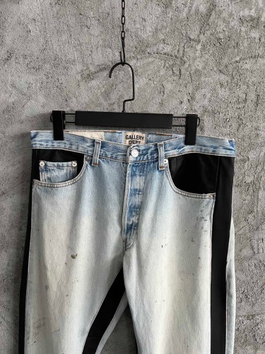 1:1 quality version Black and blue leather patchwork jeans