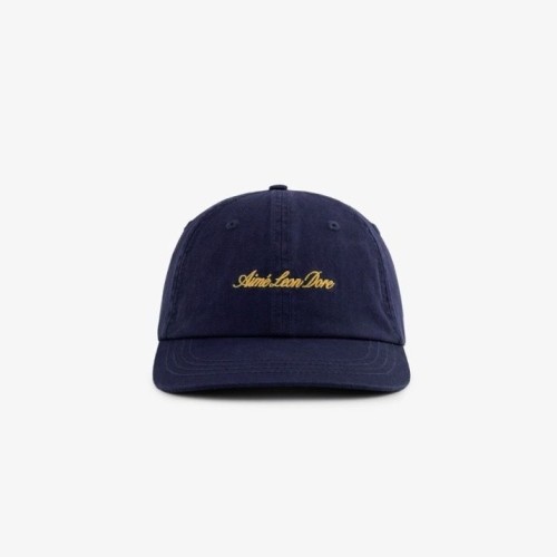 Embroidered blue hat in cursive letters
