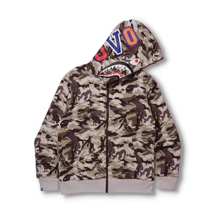b@pe ovo big logo camo two-sided shark full zip hoodie 2 colors