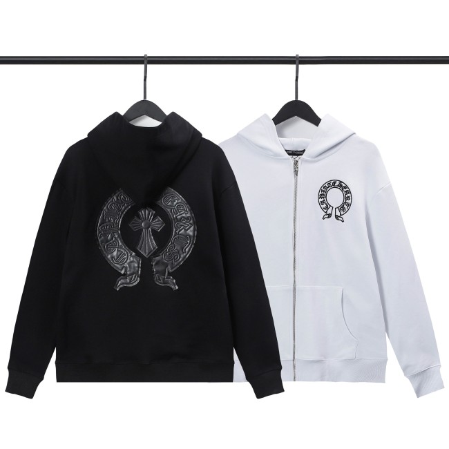 Leather embroidered horseshoe zipper hoodie