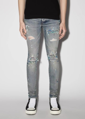 1:1 quality version Inkjet graffiti ripped slim fit dark blue jeans