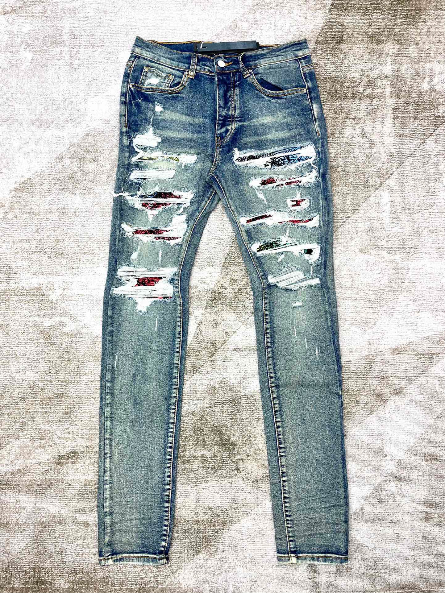 1:1 quality version multiple knife cut cashew flower patch slim jeans