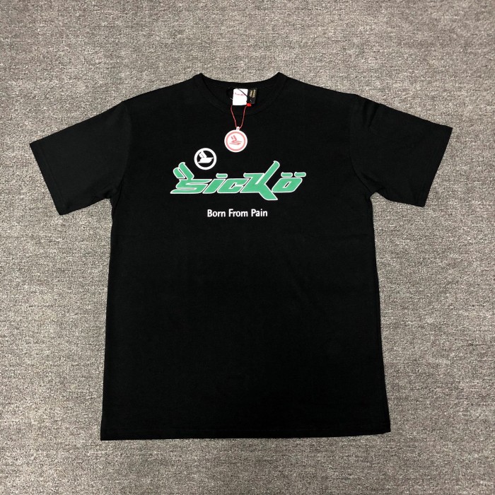 1:1 quality version Sicko.1993 green letters logo tee black