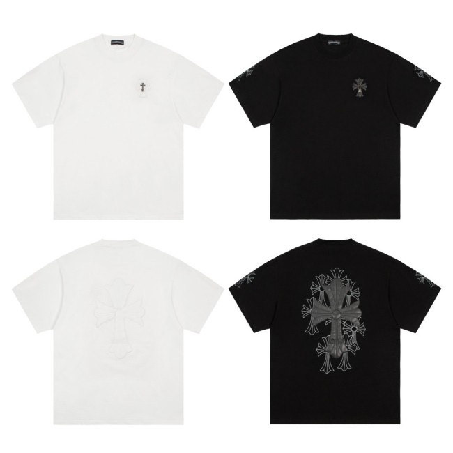 1:1 quality version Leather embroidery openwork cross tee