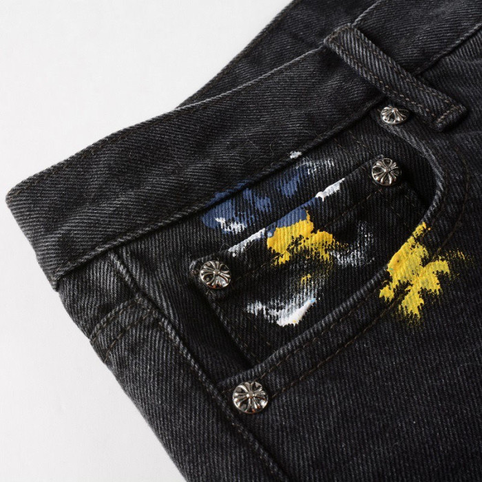 No brand lable Crossbuckle button graffiti patchwork flared jeans black