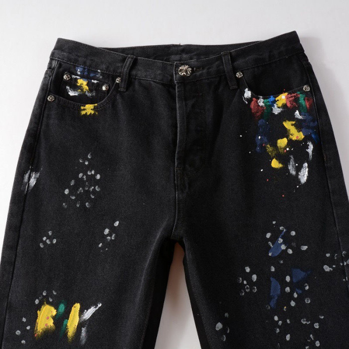 No brand lable Crossbuckle button graffiti patchwork flared jeans black