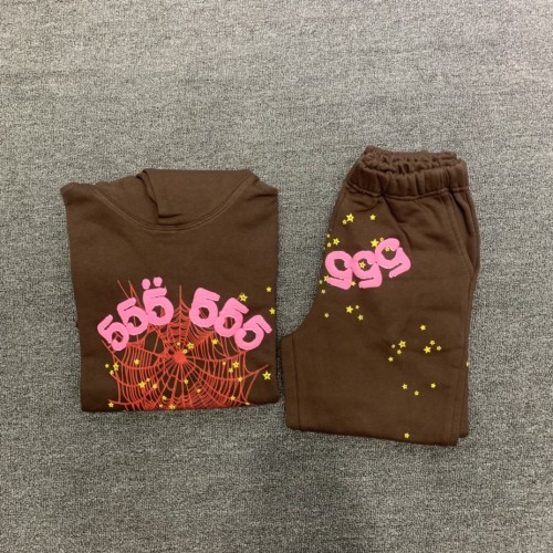 555 red spider web print children's hoodie pants set brown