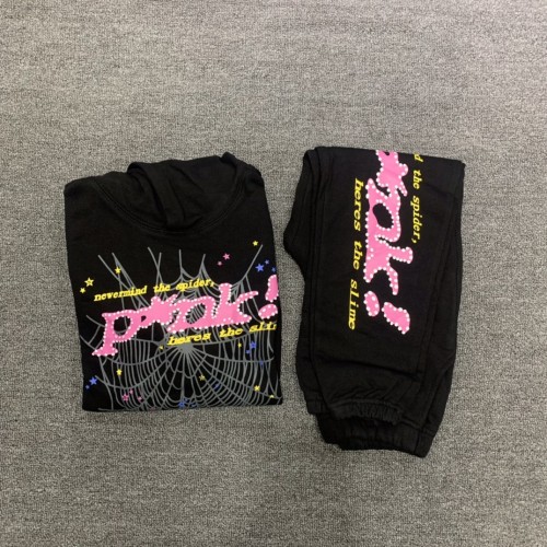 Pink letters spider web print children's sweatshirt pants set black