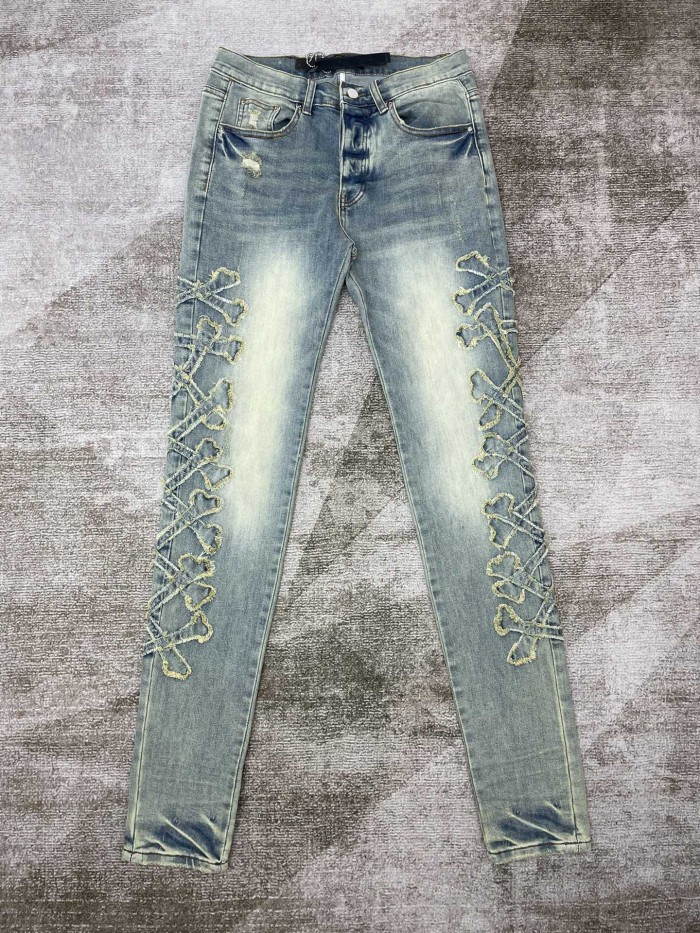 1:1 quality version Embroidered fabric bones washed and aged jeans