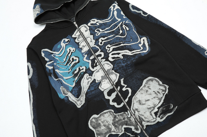 Skull pattern print zipper sweatshirt hoodie