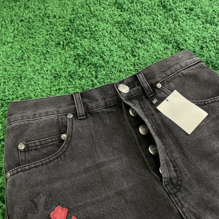 [buy more save more]1:1 quality version Red Patchwork Sterling Silver Button Leather Jeans