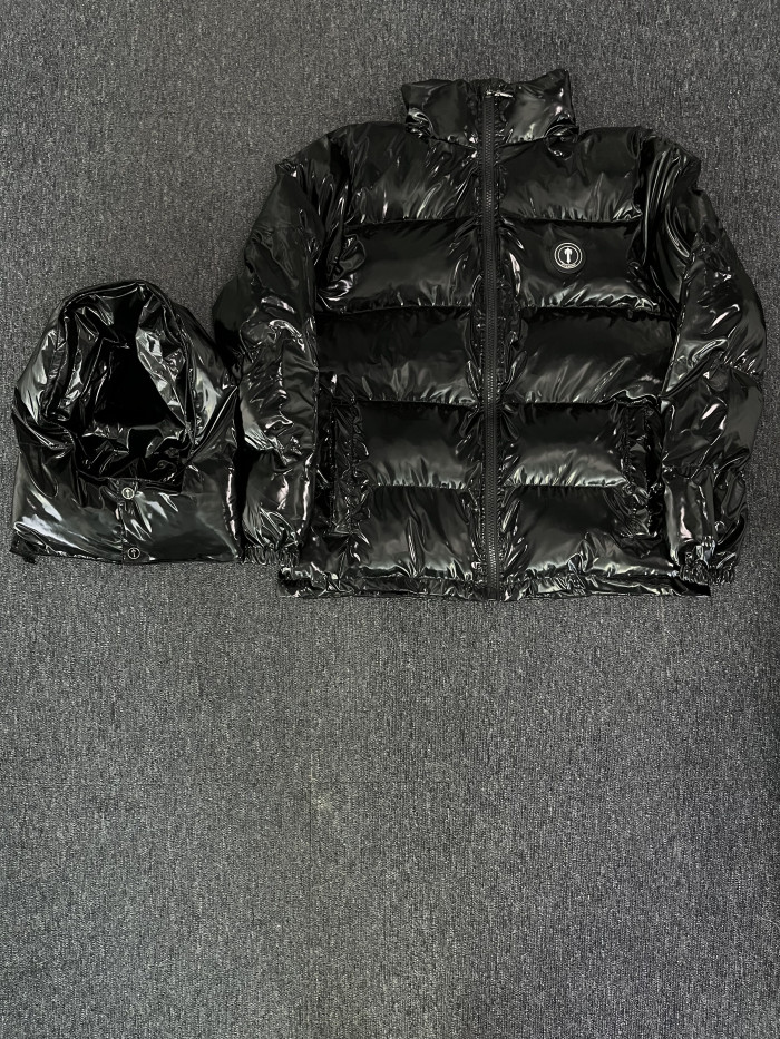 1:1 quality version Long Glossy Black Cross Down Detachable Hooded Jacket