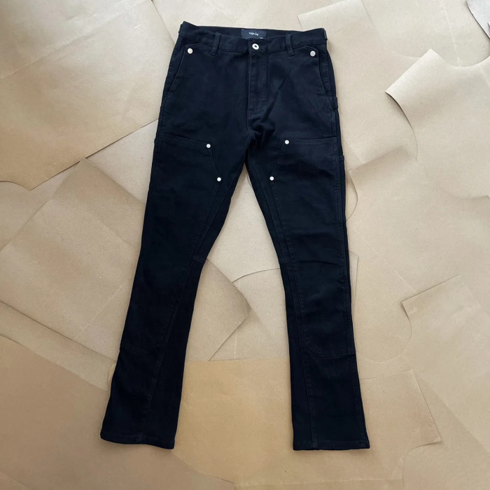 Two-tone spliced studded flared jeans 2 colors